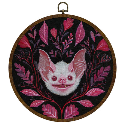 KLYTINK Pink Bat Round Wall Art Decor,10x10 Inch Gothic Whimsical Canvas Print with Round Frame, Cute Bat Artwork Wall Hanging Decor for Bedroom, Living Room, or Halloween Home(Pink Bat)