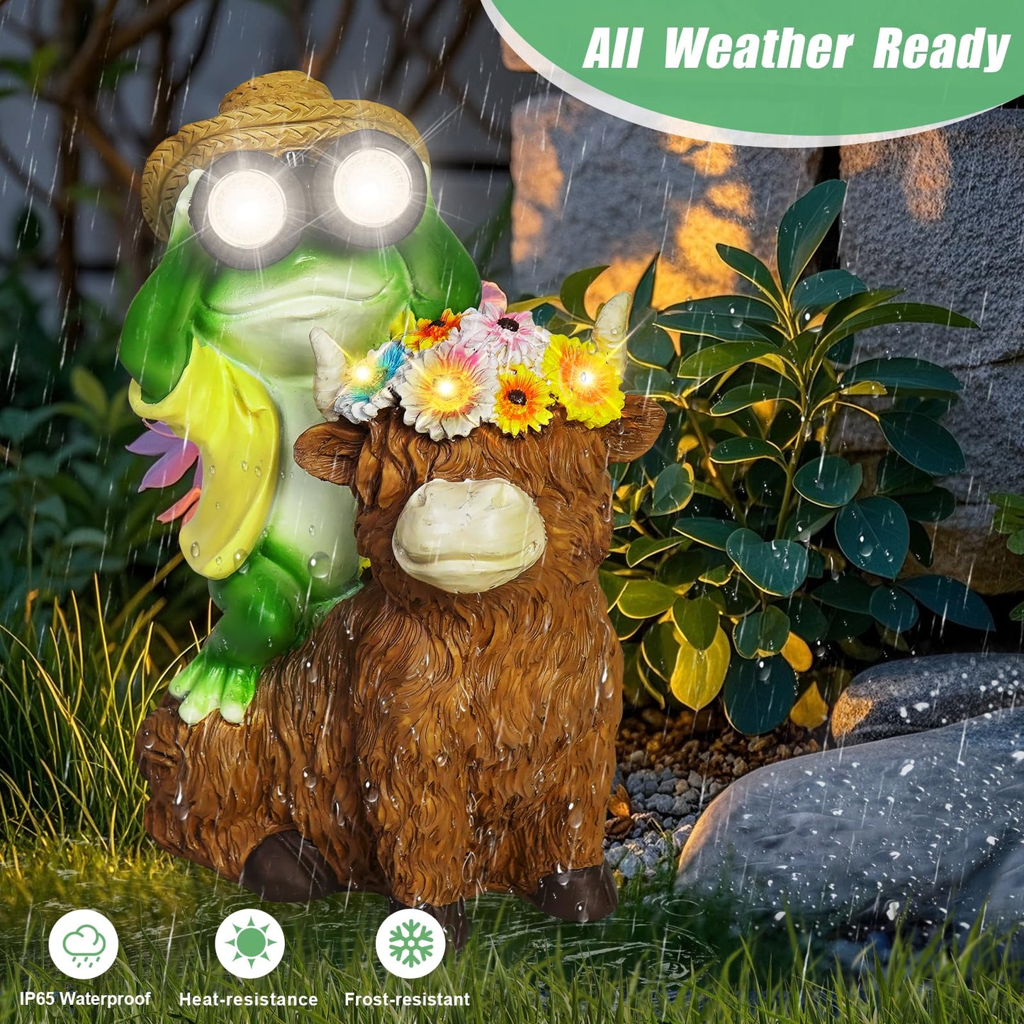 EDOF Solar Garden Lights Frog Sitting on Highland Cow Statue with Flower Garden Decor, for Women Mom,Frog Highland Cow Outdoor Figurine Decorative LED Lights for Yard Art Patio Porch Lawn