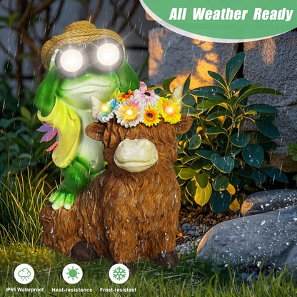 EDOF Solar Garden Lights Frog Sitting on Highland Cow Statue with Flower Garden Decor, for Women Mom,Frog Highland Cow Outdoor Figurine Decorative LED Lights for Yard Art Patio Porch Lawn