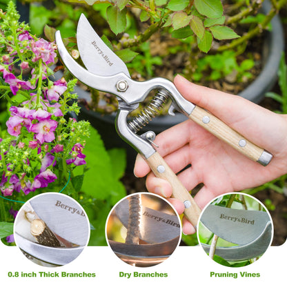 Berry&Bird 8'' Bypass Pruning Shears with Wooden Handle, Curved Blade Garden Hand Pruner, Stainless Steel Scissors Ultra Sharp Clippers for Gardening Trimming Cutting Bonsai Plant Flower & Picking