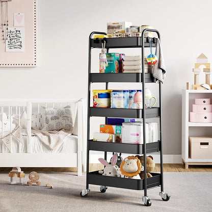 TOOLF 5-Tier Metal Rolling Cart with Wheels, Storage Utility Organizer Cart for Kitchen, Bathroom, Office, Baby Essentials & Makeup - Lockable Casters, Easy Assembly, Large Capacity, Black