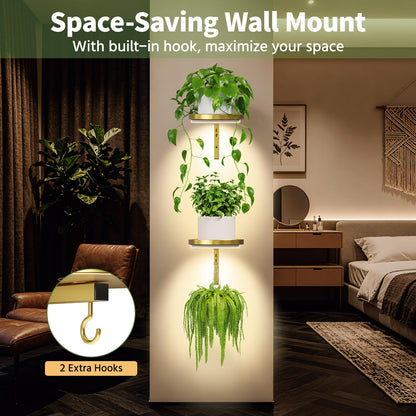 LASZOLA Plant Hangers Shelves Wall Mounted Indoor with Grow Lights, Metal Window Plant Holders, 2Pcs Modern Floating Flower Display Stand with 2 Hooks for Outdoor Kitchen Bathroom Decor, Gold