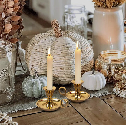 Rely+ Glossy Gold Metal Candle Holders with Handle for Taper Candlestick Set of 2 Modern Decor for Home Table Centerpiece for Wedding, Parties, Dinners, Decorations