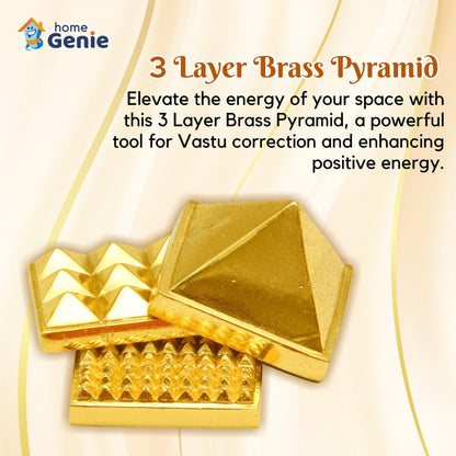 Home Genie 3 Layer Brass Pyramid for Vastu Correction, Positive Energy, and Home Décor – Handmade Spiritual Tool (3x3cm)