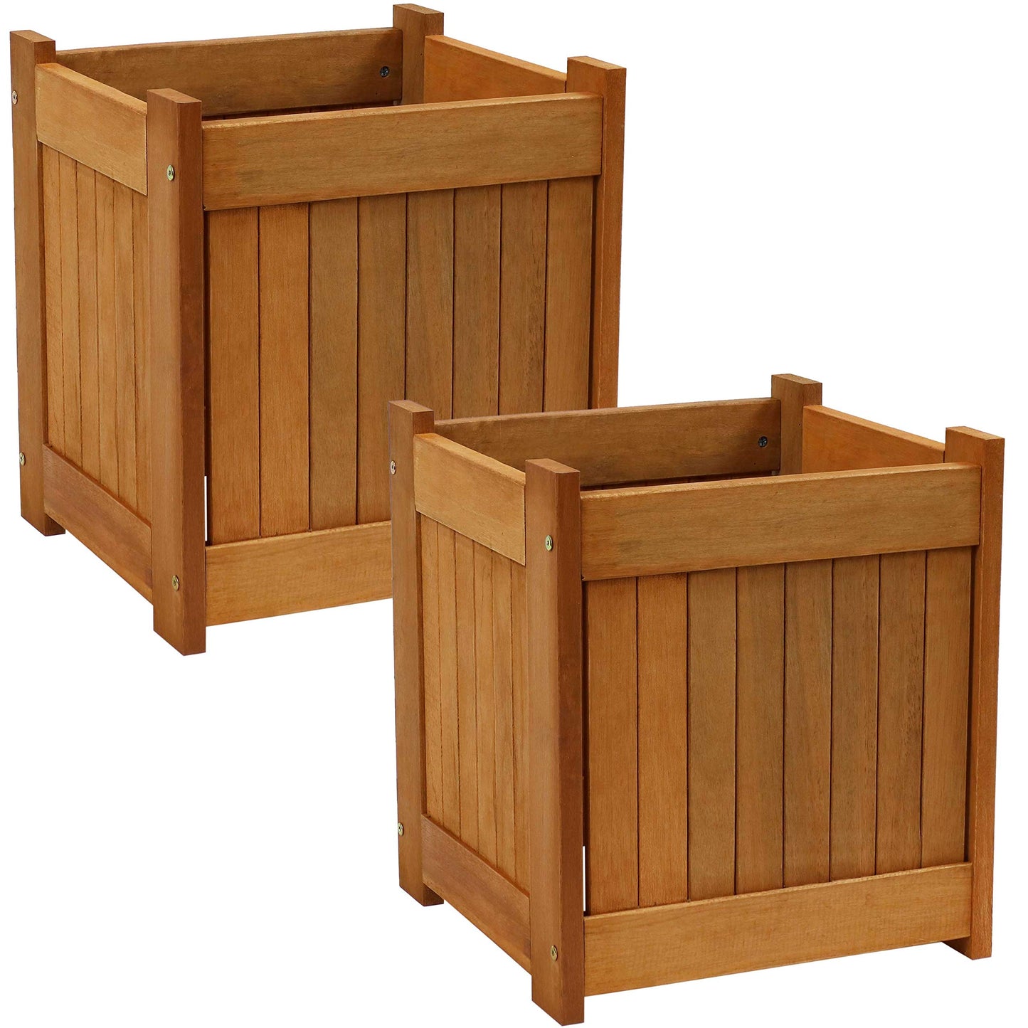 Sunnydaze 16-Inch Meranti Wood Planter Boxes for Outdoor Plants - Square Large Planter Boxes with Teak Oil Finish - Set of 2