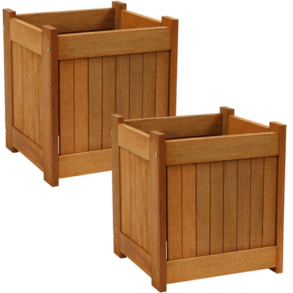 Sunnydaze 16-Inch Meranti Wood Planter Boxes for Outdoor Plants - Square Large Planter Boxes with Teak Oil Finish - Set of 2