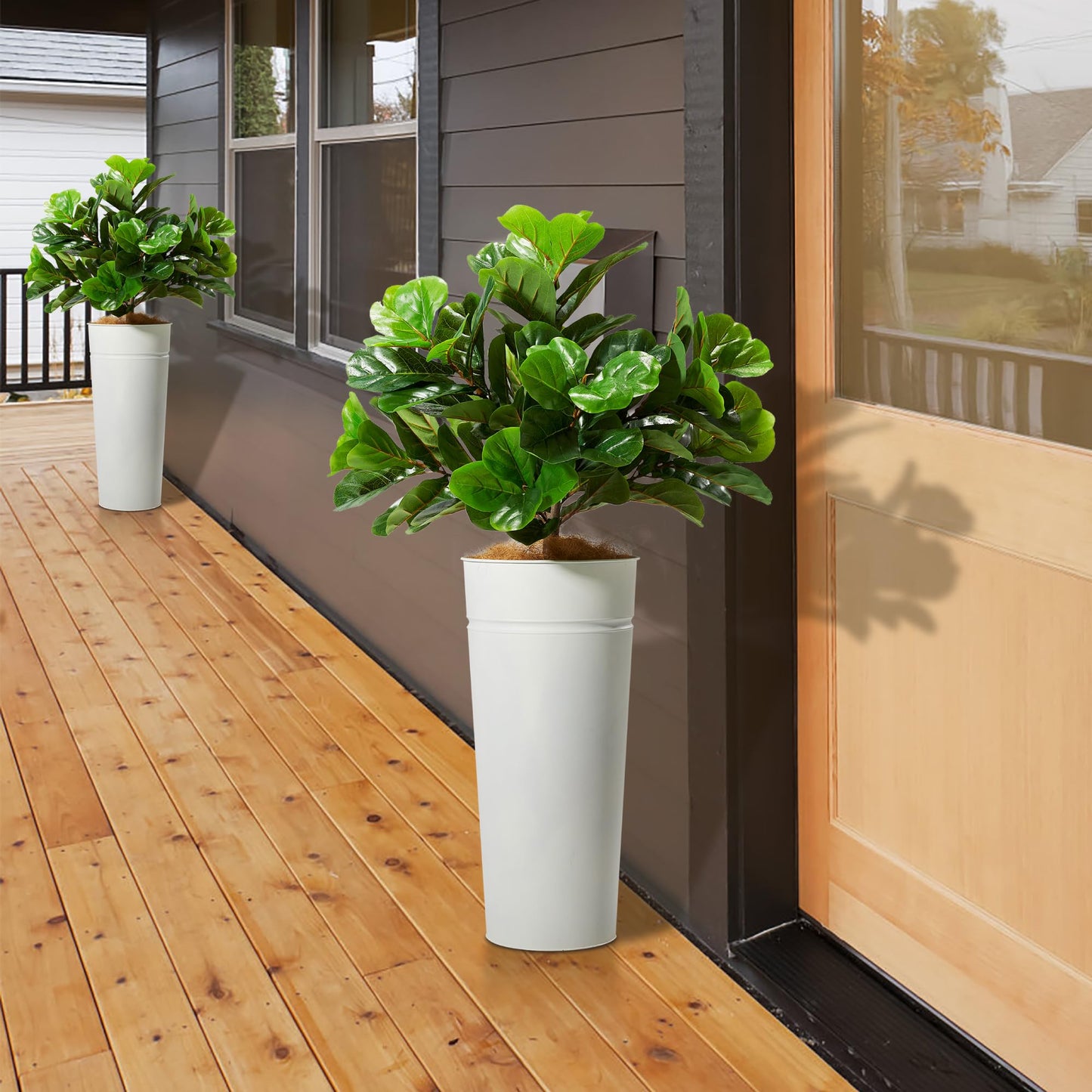 KOL 28" White Metal Planter Set, Galvanized Steel Plant Pots for Indoor Outdoor Decor with Artificial Olive Tree & Fiddle Leaf Fig, Faux Plants with Natural Coconut Fiber (Total Height 4.2FT)