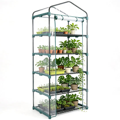 Worth Garden 5 Tier Mini Greenhouse - 75'' H x 27'' L x 19'' W - Sturdy Portable Gardening Shelves with Transparent PVC Cover - Small Porch Green House for Growing Plants Flowers Indoor & Outdoor