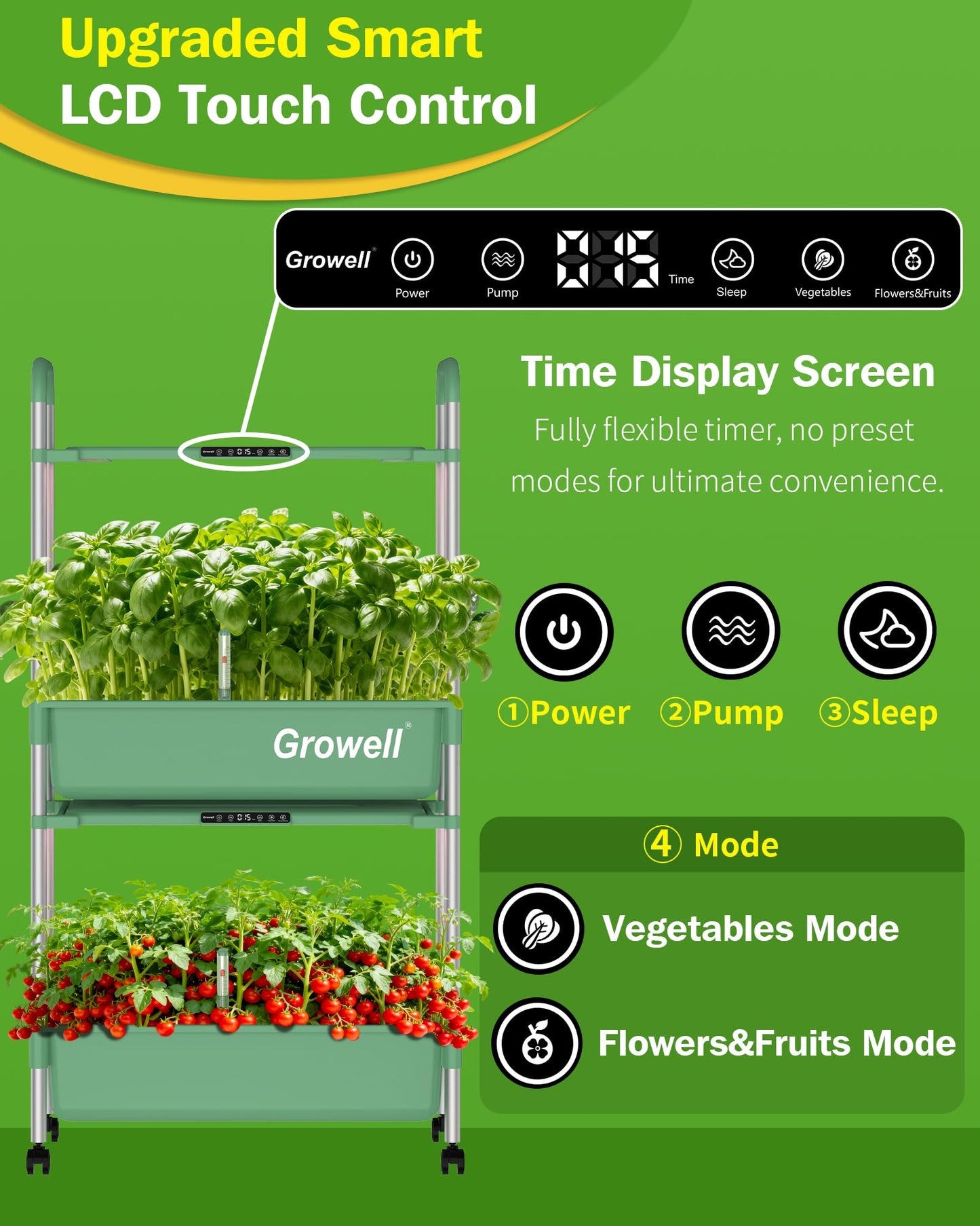 Growell Large Hydroponics Growing System Kit, 54 Pods Vertical Indoor Herb Garden Kit with LED Grow Light & Independent Water Pump, 28L Movable Indoor Planter Perfect Gardening Gifts (2 Tier-Green)