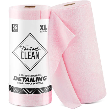 Fantasticlean XL Tear-Away Microfiber Cleaning Cloth Roll, 16'' by 16''- 36 Sheets, Thick & Large Detailing Towels, Ultra Absorbent, Lint-Free Reusable Wipes for All-Around Cleaning (Glossy Pink)