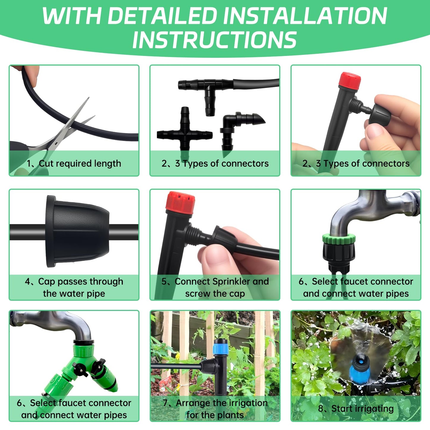 IKKAB Automatic Drip Irrigation System for Garden, 65ft Garden Watering System with 1/4" Tubing & Sprinklers, Drip Irrigation Kit for Outdoor Plants, Raised Beds, Greenhouse,Patio