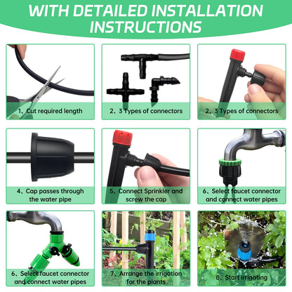 IKKAB Automatic Drip Irrigation System for Garden, 65ft Garden Watering System with 1/4" Tubing & Sprinklers, Drip Irrigation Kit for Outdoor Plants, Raised Beds, Greenhouse,Patio