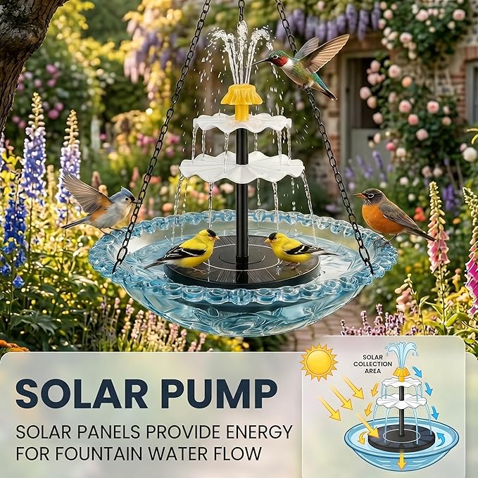 Solar Cascade Hanging Bird Bath Fountain, Solar Fountain Pump with 8 Nozzles, Hanging Bird Bath with Water for Outdoors Garden Patio Backyard Lawn Decor (Pink)