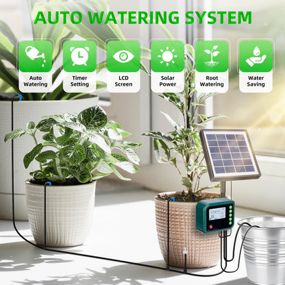 Solar Automatic Drip Irrigation Kit System,Automatic Plant Watering Devices Programmable Water Timer,LED Display for 15 Potted Plants Outdoor Indoor Garden Balcony Vacation