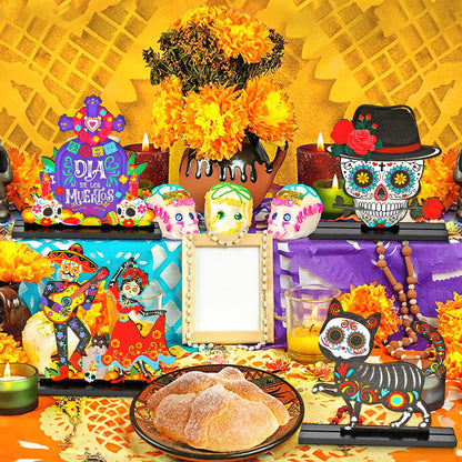 HOWAF 4PCS Day of The Dead Table Decorations,Wooden Mexican Dia De Los Muertos Altar Centerpiece with Sugar Skull Dancing Ghost Skeleton Couple Skeleton Cat Altar for Day of The Dead Alter Decor