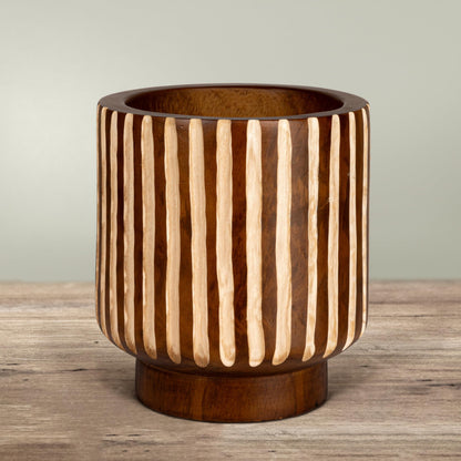 Creative Co-Op Hand-Carved Wood Planter with Stripes, Walnut Finish
