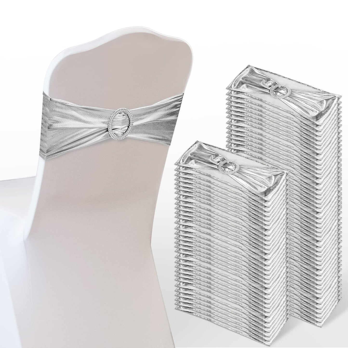 Oudain 120 Pieces Spandex Chair Sashes with Buckle Stretch Chair Cover Bands Bows for Wedding Hotel Banquet Events Decorations Sashes(Silver)