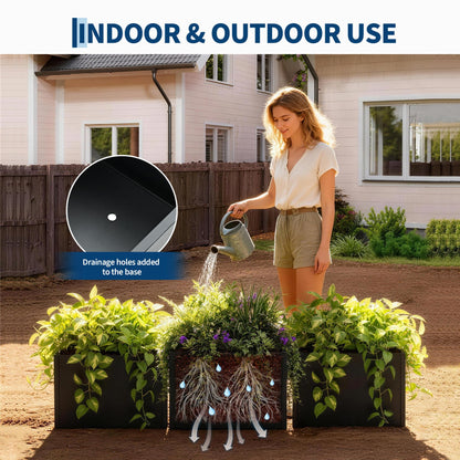 GarveeTech Metal Square Planter Box Tall Planters for Outdoor Plants Modern Heavy Duty with Drainage Holes for Outdoor Patio, Balcony, Yard, with Bottom
