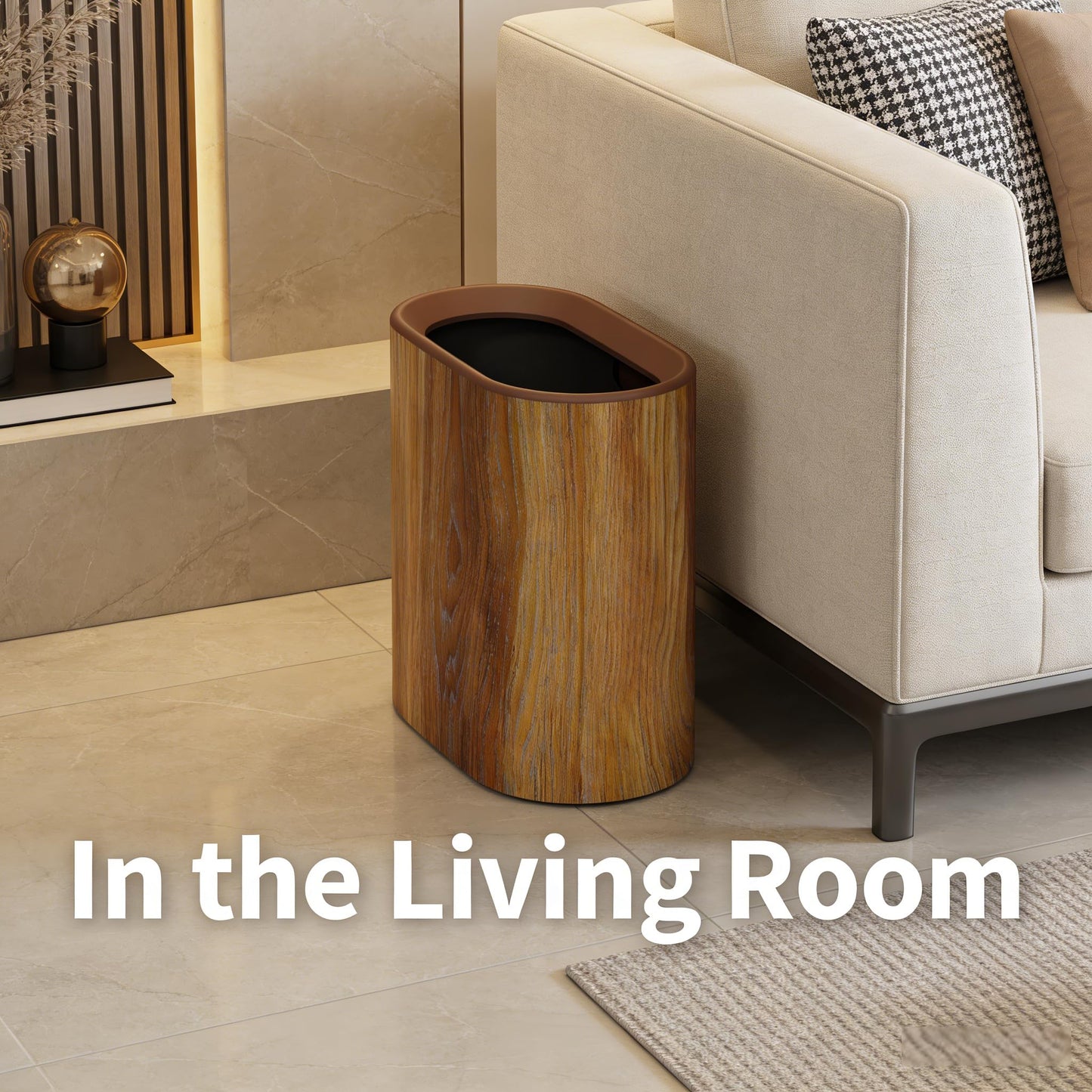 seebemxx Trash Can for Bathroom, 3.7 Gal Plastic Marble Wood Pattern Small Office Garbage Can for Bedroom Kitchen, Slim Trash Bin Waste Basket Decorative Modern Trashcans (Plastic Wood Pattern)
