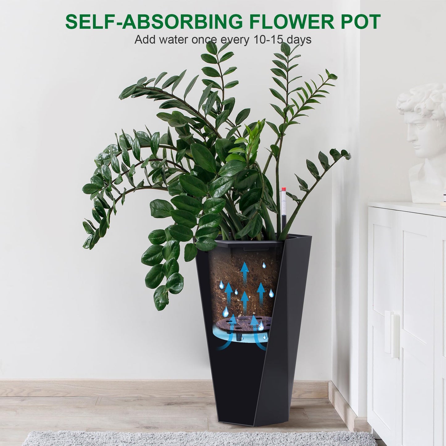 22.4" Black Tall Planters Outdoor Set of 2, Large Black Flower Pots Outdoor with Drainage Holes & Automatic Watering System, Modern Large Resin Planters for Outdoor Plants, Front Porch, Deck, Diamond