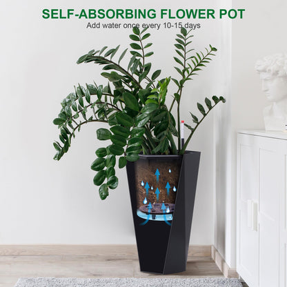 22.4" Black Tall Planters Outdoor Set of 2, Large Black Flower Pots Outdoor with Drainage Holes & Automatic Watering System, Modern Large Resin Planters for Outdoor Plants, Front Porch, Deck, Diamond