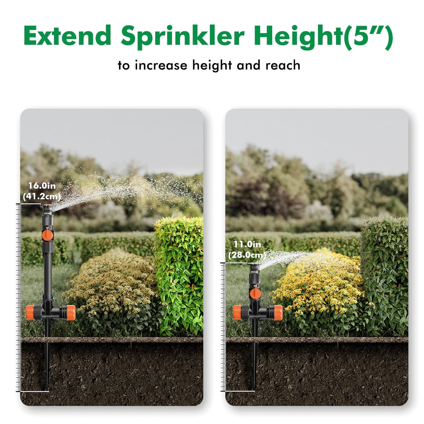 RESTMO Flexible Sprinkler System with Metal Spike Base, Above Ground DIY Irrigation Kit, Multi-Adjustable Lawn Sprinkler Set, Ideal for Plant and Flower Bed Watering, 30ft Garden Hose Included, Orange