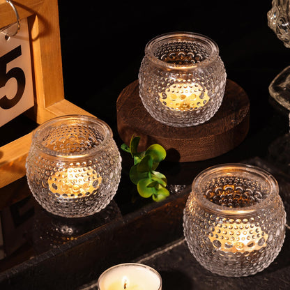 32 Pcs Clear Votive Candle Holders, Round Votive Candle Holders with Polka Dot Embossed for Table Centerpiece, Tealight Candle Holder for Weddings, Home Decor, Baby Shower, Special Occasions