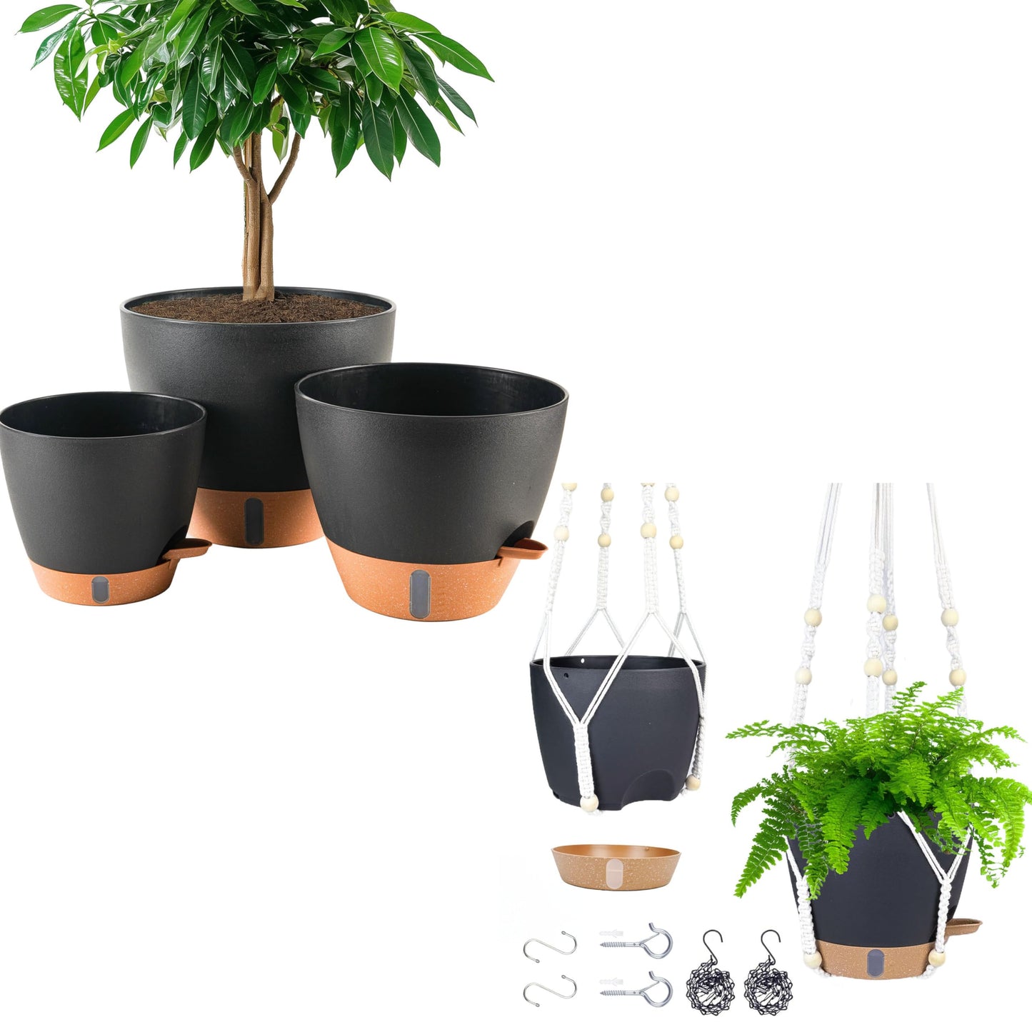 Fielda 8/10/12 Inch Self Watering Pots for Indoor/Outdoor Plants - Large Plastic Planter with Drainage Holes, Water Level Indicator & Deep Reservoir, Modern Decorative Flower Pots (Black)