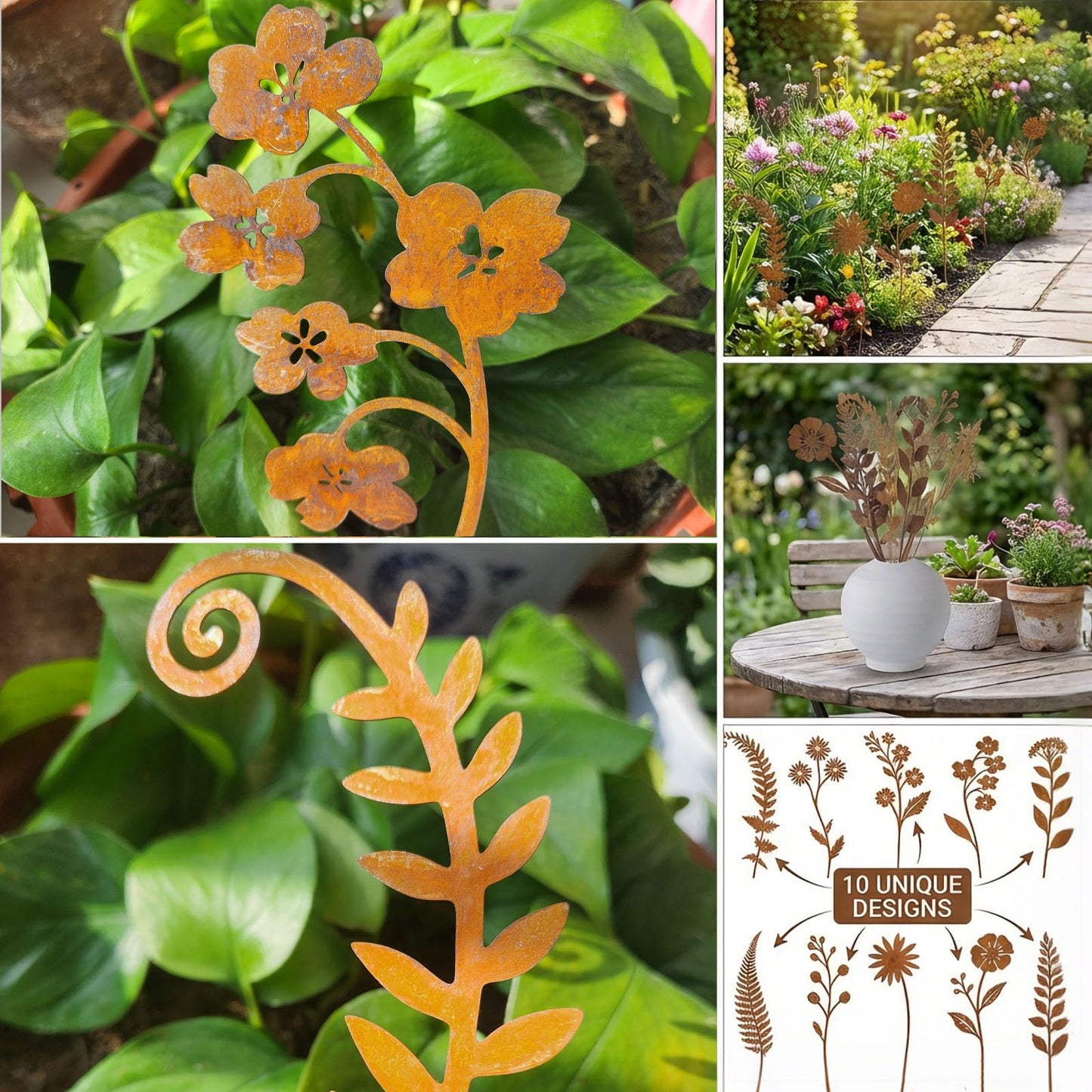 YLDLANXI 10 Pcs Rusty Metal Flower Garden Stakes,Rustic Metal Fern Leaf Plants,Iron Art Plant Shaped Decoration for Outdoor Lawn Walkway Patio