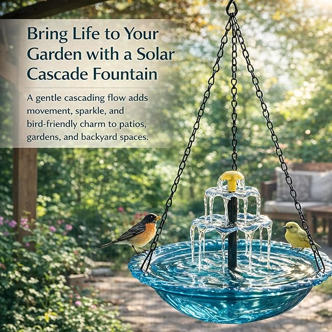 Solar Powered Hanging Bird Bath, Vibrant Blue Multi-Tier Waterfall Fountain for Outside, Easy to Hang Bird Oasis for Garden Decoration, Balcony, for Bird Lovers (Blue)