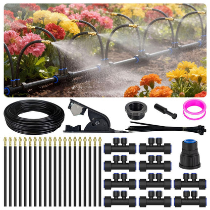 Drip Irrigation System 2 Ports - 360°Adjustable Garden Watering System 33FT with 20 Nozzles, Drip Irrigation Kit for Garden, Yard, Lawn, Greenhouse, Plants, 2/5 inch Hose