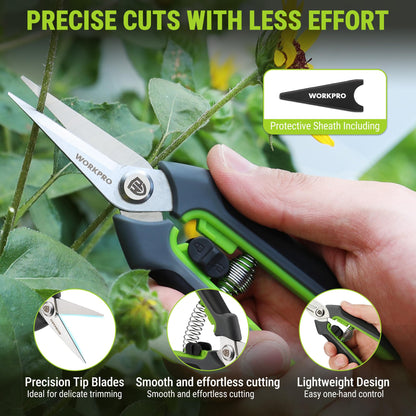 WORKPRO Garden Pruning Shears 2 Pack, 8.5" Bypass Pruning Shears and 6.25" Straight Garden Flower cissors, Garden Clippers Hand Tools for Cutting Flowers, Trimming Plants, Picking Fruits