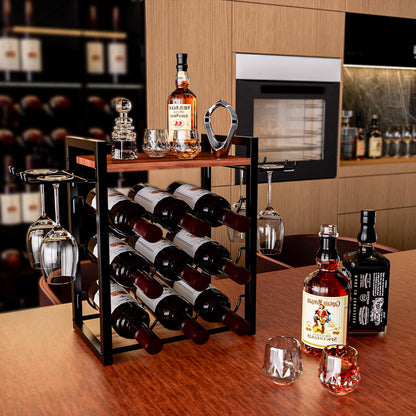 B4Life Wine Rack Countertop, Wine Glass Holder and Bottle Holder with Tray, Countertop Liquor Storage Holds 9 Liquor Bottles and 4 Glasses, Freestanding Liquor Storage for Home, Kitchen, Bar, Cellar