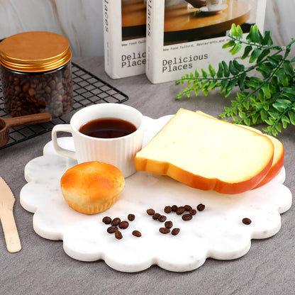 Newtay 12 Inches Marble Cutting Board Round Marble Tray White Scalloped Board with Non Slip Decorative Pastry Tray for Kitchen Pizza Cake Bread Baking Cheese Display