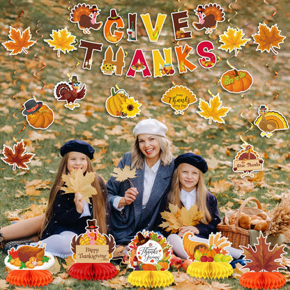 Blosssound 29 Pcs Thanksgiving Party Decorations - Turkey Pumpkin Maple Leaf Honeycomb Centerpieces, Give Thanks Hanging Swirls Banners for Fall Birthday Party Supplies