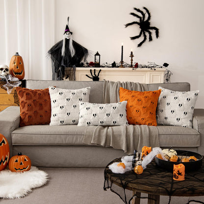 MIULEE 18x18 Inch Set of 2 Halloween White Ghost Decorative Soft Throw Pillows Bundle Rust Decorative Pumpkin Pattern Pillow Covers Plush Faux Fur Wool
