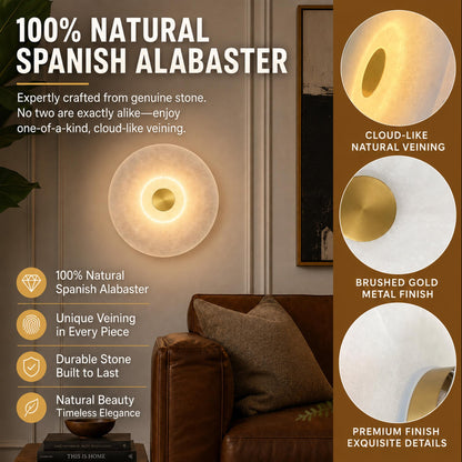 Natural Spanish Alabaster Wall Sconce, Modern Round Marble Wall Light with Unique Veins, Mid-Century Minimalist Stone Wall Lamp for Bedroom, Living Room, Hallway, Alabaster Light Fixture (Brass)
