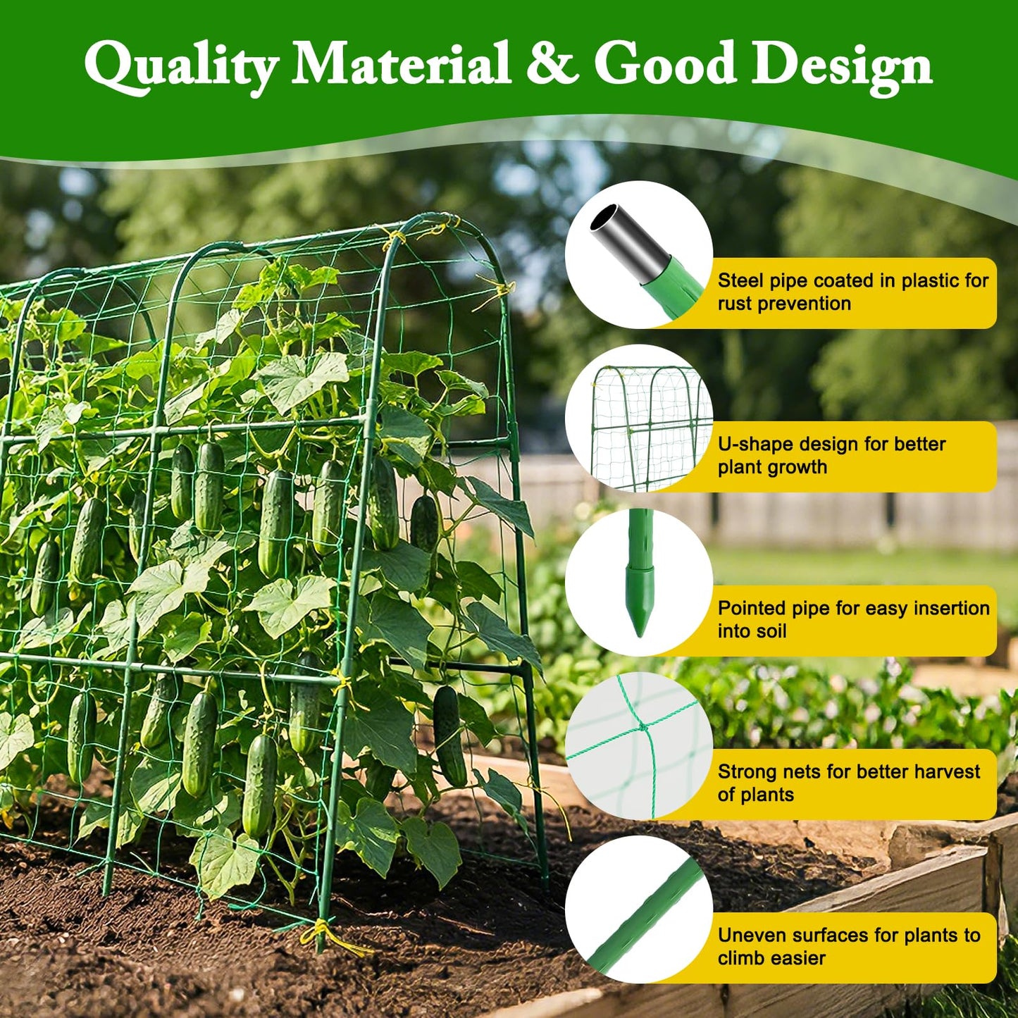 Tegarbed Cucumber Trellis for Climbing Plants Outdoors, U-Shape Garden Trellis for Raised Bed with Netting, Plant Support Structures for Vegetables, Grape, Bean, Tomato, Vines, 48 * 46 inch, Green