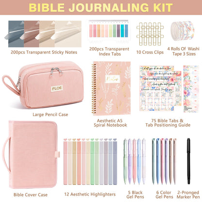 Bible Study Supplies Journaling Kit for Women with Bible Cover Case, Christmas Christian Gifts for Women Mom, Bible Study Tools Accessories Set w/Highlighter Pen, Pencil Case Notebook Annotation Kit