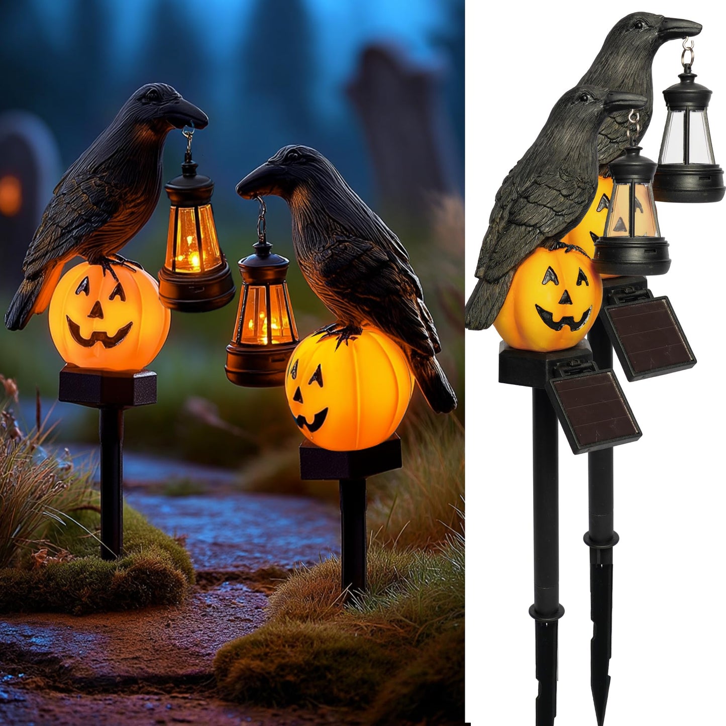 Dazzle Bright 2 Pack Halloween Crow Pathway Lights Outdoor, Solar Powered Resin Crow with Pumpkin Walkway Lights, Stake Light for Halloween Pathway Garden Lawn Yard Gifts Decoration
