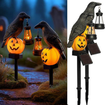 Dazzle Bright 2 Pack Halloween Crow Pathway Lights Outdoor, Solar Powered Resin Crow with Pumpkin Walkway Lights, Stake Light for Halloween Pathway Garden Lawn Yard Gifts Decoration