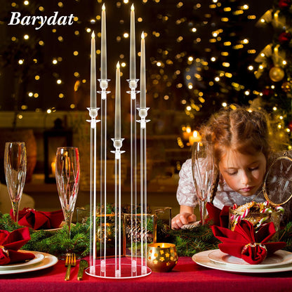 Barydat 4 Set 5 Arms Acrylic Candelabra Centerpieces for Wedding, Clear Candlesticks Holders with 20 LED Candles 2 Remote Timer 22 Rubber Candle Rings for Halloween Christmas Party Dinner Decoration