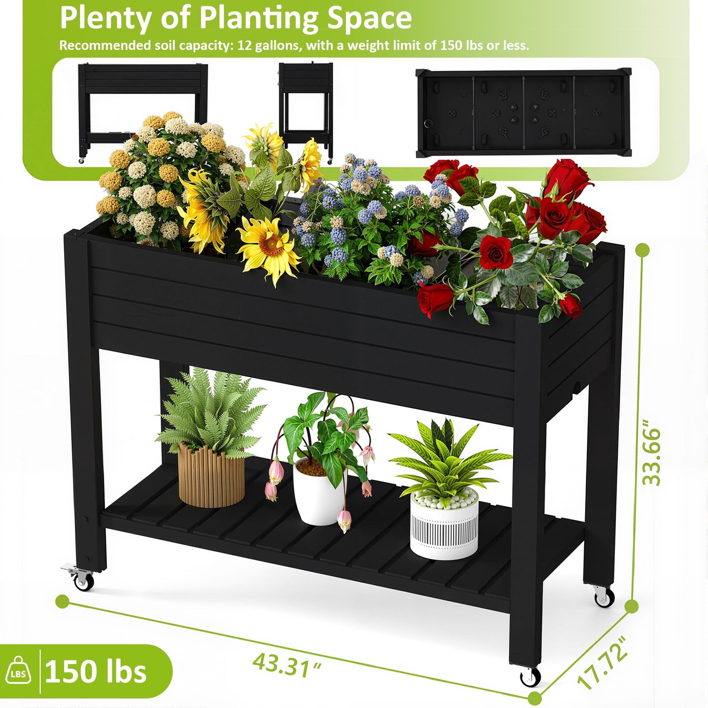 PatioZen Raised Garden Bed with Legs, 33.66" Tall Self-Watering Resin Planter Box with Lockable Wheels Drainage Plug and Gauge for Vegetables, Flowers, Storage Shelf for Tools and Accessories (Black)