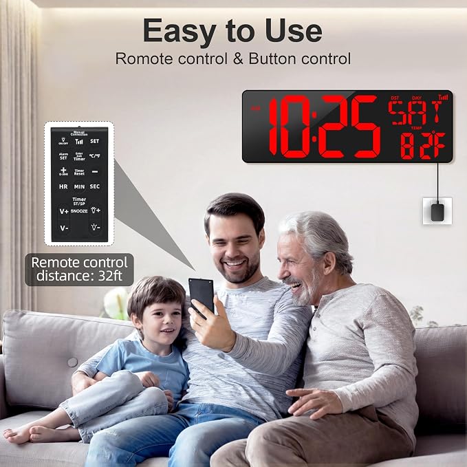 XREXS 17.2" Large Digital Wall Clock Bluetooth Sync Time, Precise Atomic Clocks with Remote Control, Adjustable Dimmer Grandfather Clock, Temperature for Bedroom, Desk Alarm Clock for Elderly