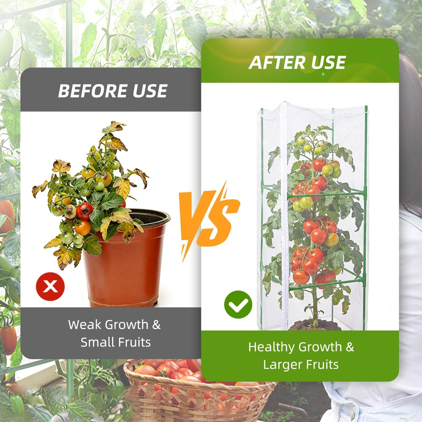 NRWRTY 3 Pack Square Tomato Cages with 3 Plant Covers, 47 Inch Tall Cages for Tomato, Tomato Trellis with Bird Netting, Vertical Garden Trellis for Climbing Plants Vegetables in Outdoor