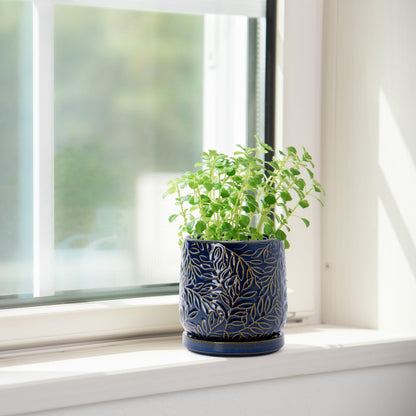 D'vine Dev 4 Inch Embossed Leaves Stoneware Planter Pot with Drainage Hole and Saucer, Midnight Blue, 27-A-Z-3