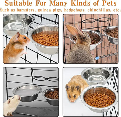 kathson Hanging Bird Bowls for Cage, 2 PCS Stainless Steel Metal Pet Food Water Dishes with Holder Feeder Cage Coop Hook Feeder Cups for Birds, Parrots, Small Sized Dogs and Cats(5.1 Inch Dia)
