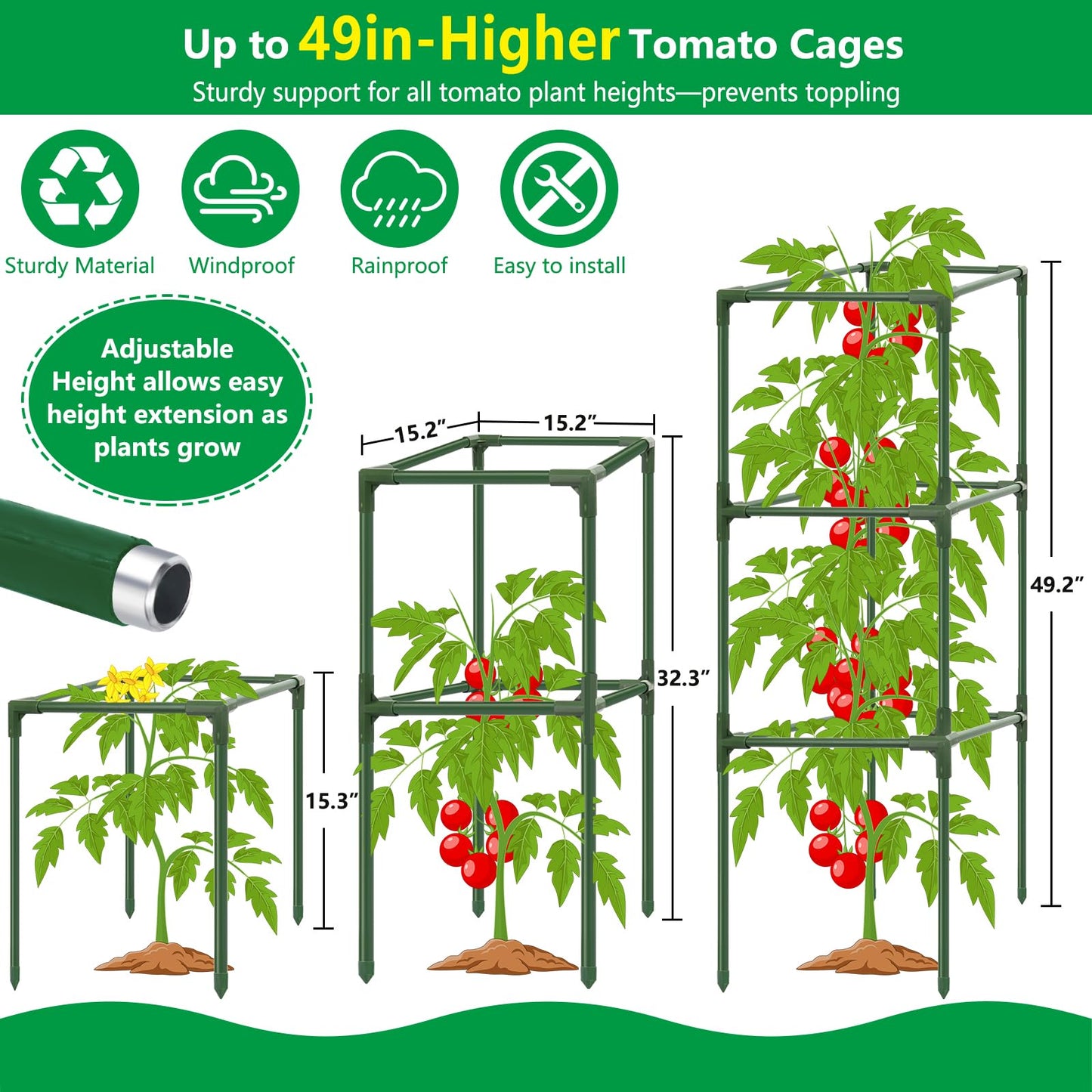 3 Set Square Tomato Cages with 18 Gallon Grow Bags, 49'' Tall Heavy Duty Steel Tomato Trellis Kit for Garden, Plant Support Tower Stakes Cucumber Pepper Trellis for Climbing Vegetable Flowers