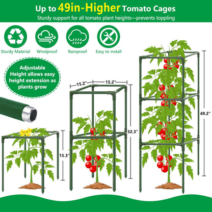 3 Set Square Tomato Cages with 18 Gallon Grow Bags, 49'' Tall Heavy Duty Steel Tomato Trellis Kit for Garden, Plant Support Tower Stakes Cucumber Pepper Trellis for Climbing Vegetable Flowers