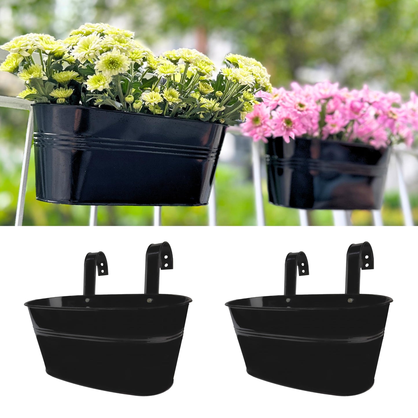 LaLaGreen Rail Planter Outdoor Plants (11.8 Inch, 2 Pack) Black Metal Iron Fence Hanging Flower Pots Deck Railings Buckets Countryside Boho Style Wall Mount Window Box Plant Holder Hooks Porch Decor